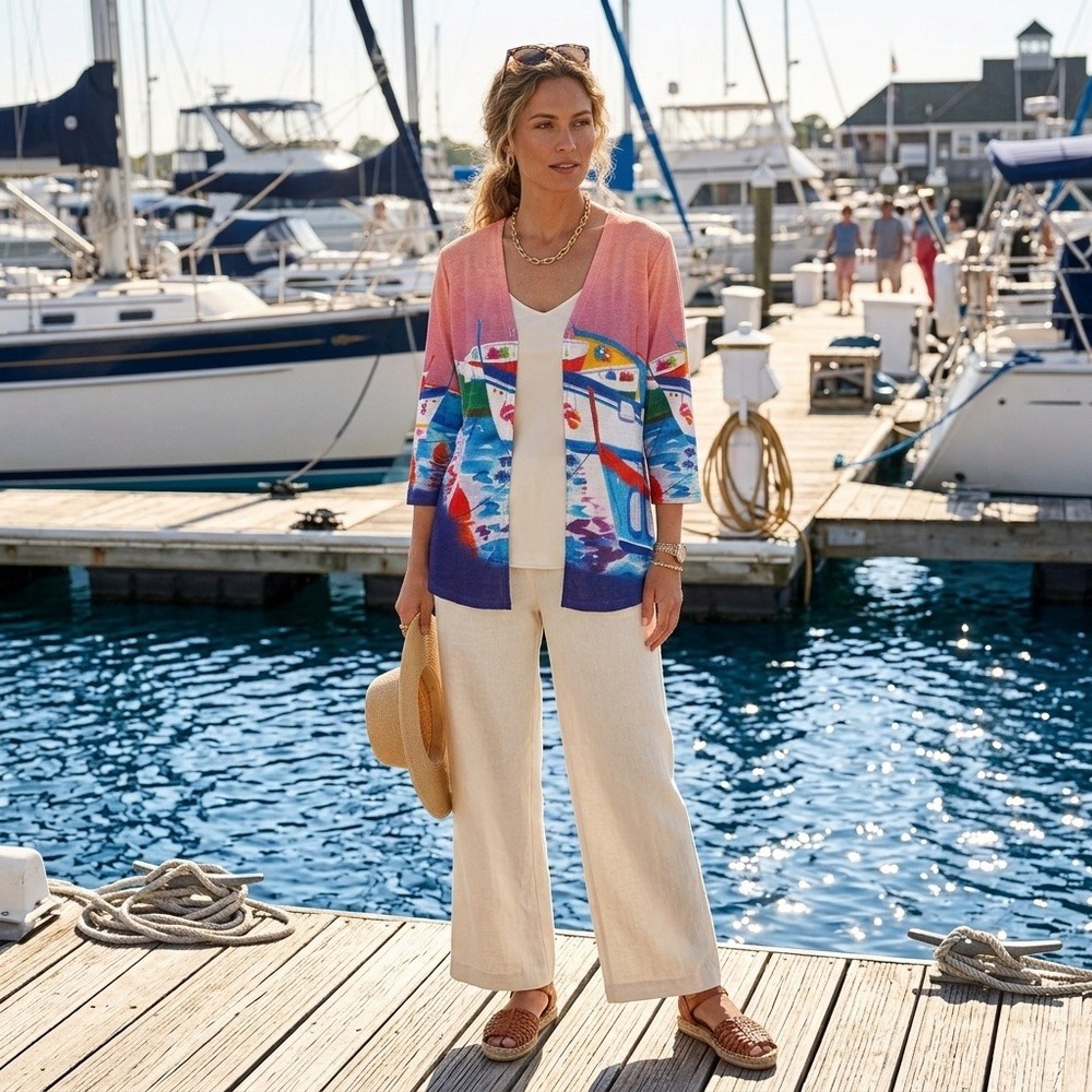 Ellen Negley Watercolor Sailboat Print Open Front Cardigan Nautical Blue Coral